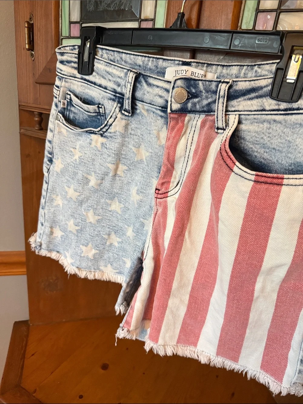Judy Blue American Flag Denim Shorts Stars Stripes Frayed Raw Hem Size L